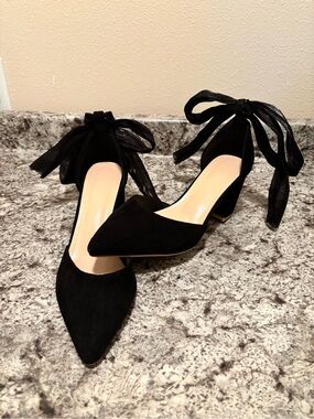 Black Pointed-Toe Ankle Tie Heels